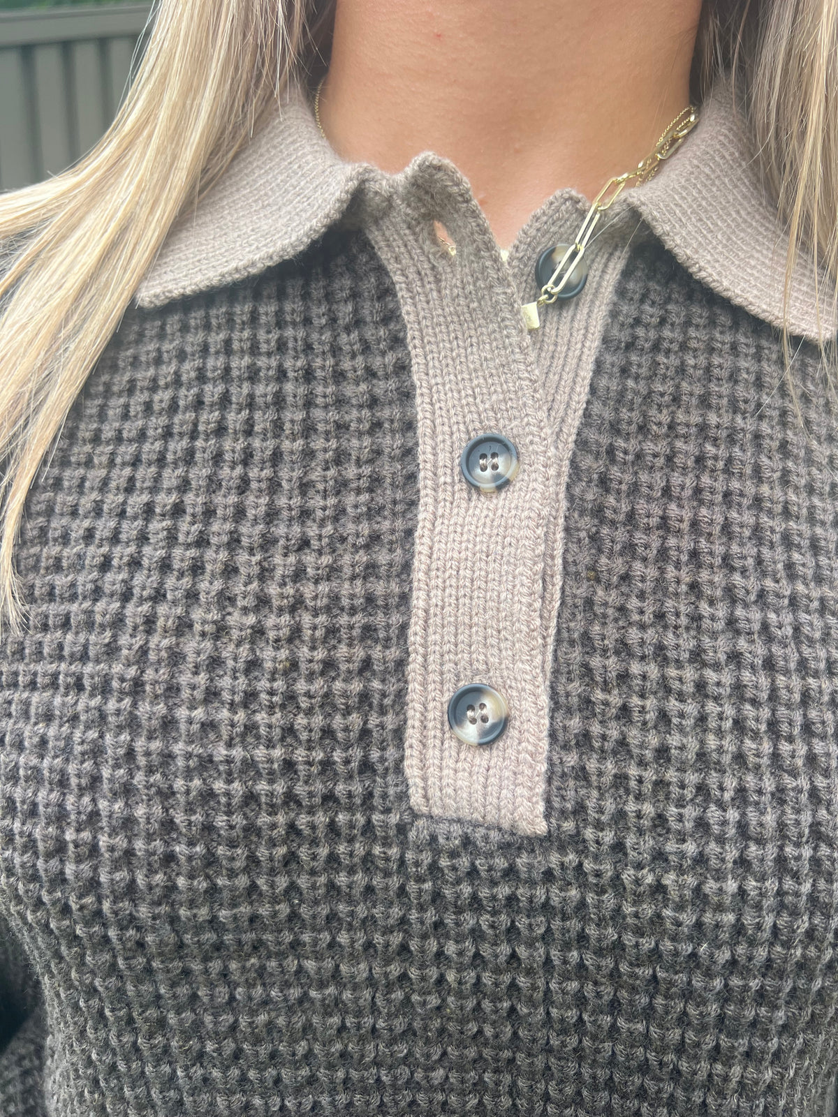 Boxwood Waffle Collared Sweater