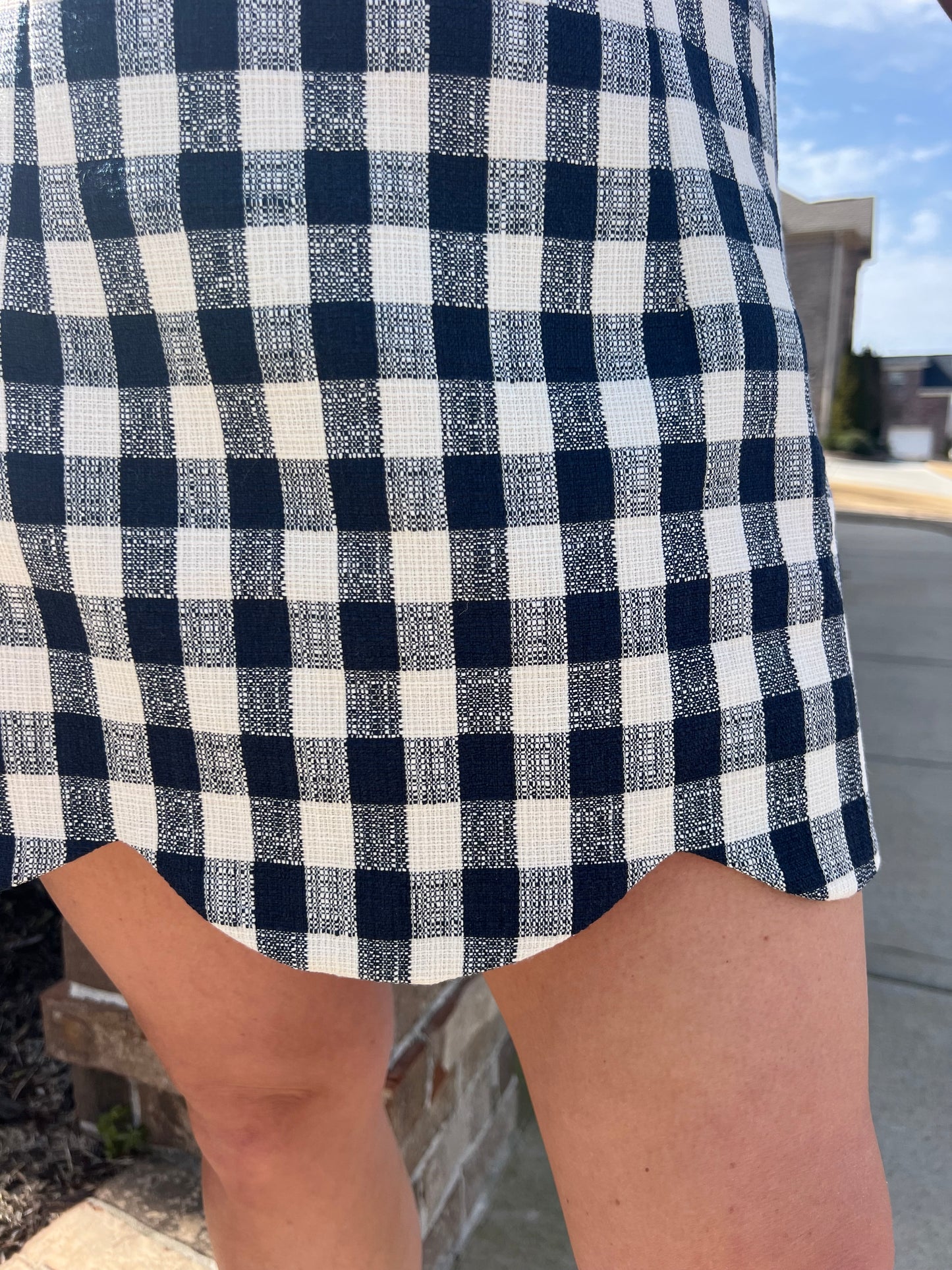 Celosia Textured Plaid Scallop Hem Dress