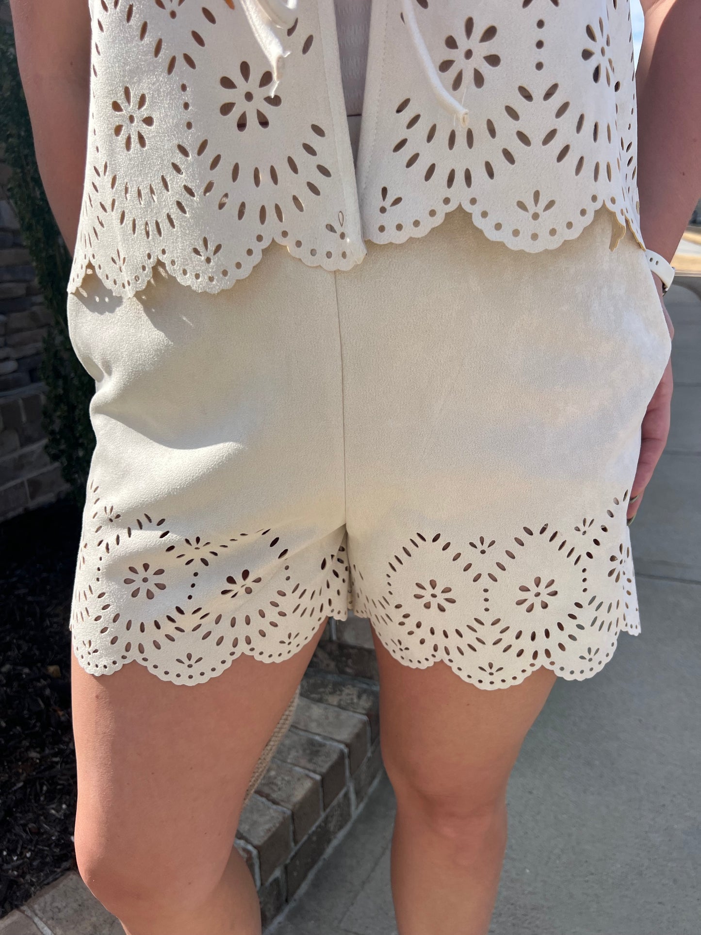 Laurel Soft Suede Laser Cut Vest and Short Set