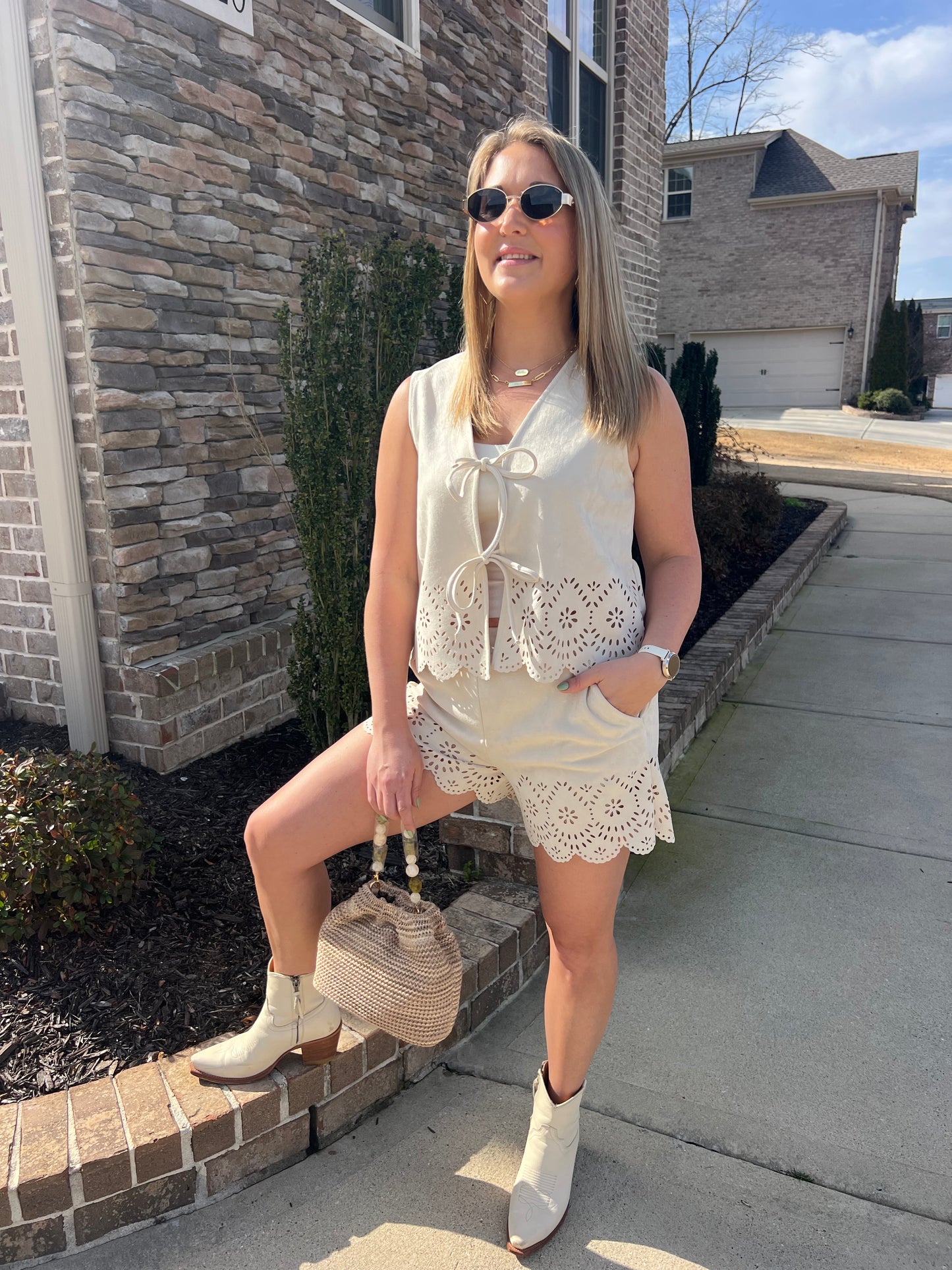 Laurel Soft Suede Lace Up Laser Cut Vest and Short Set