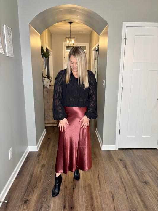 Sweetgum Sheer Textured Button Front Blouse