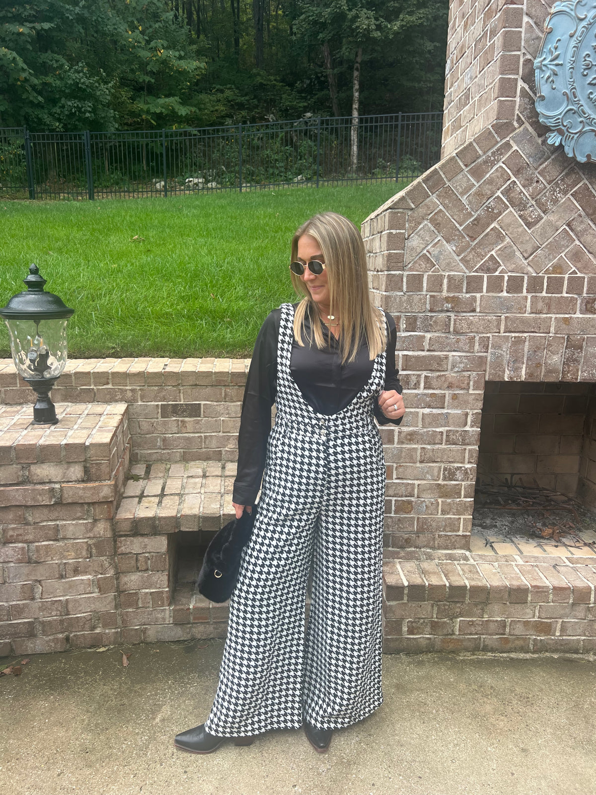 Chicory Houndstooth Tweed Wide Leg Jumpsuit
