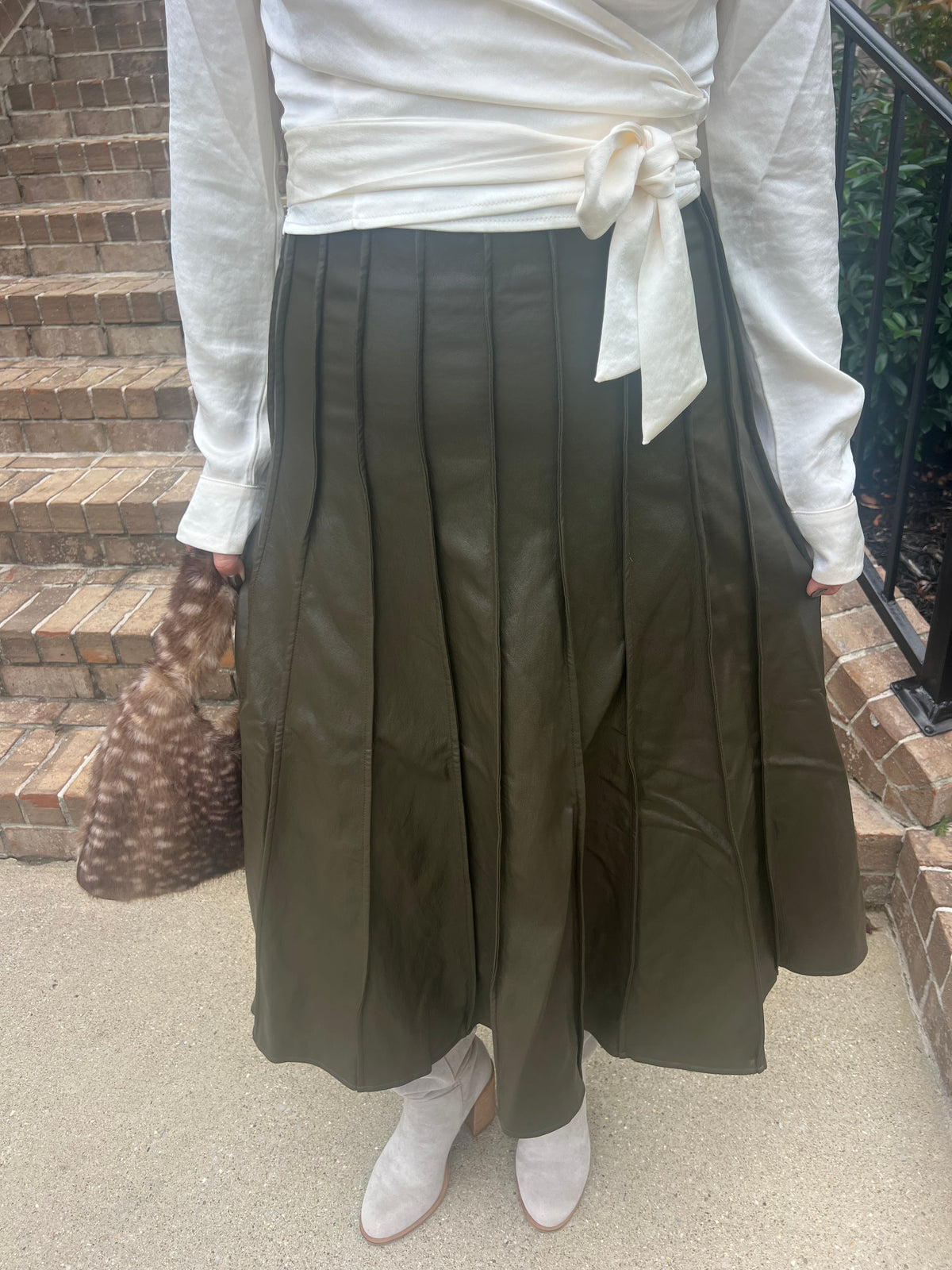 Ivy Pleated Leather Midi Skirt