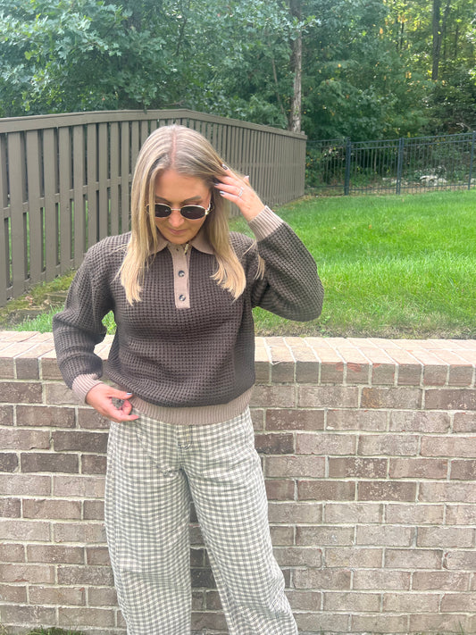 Boxwood Waffle Collared Sweater