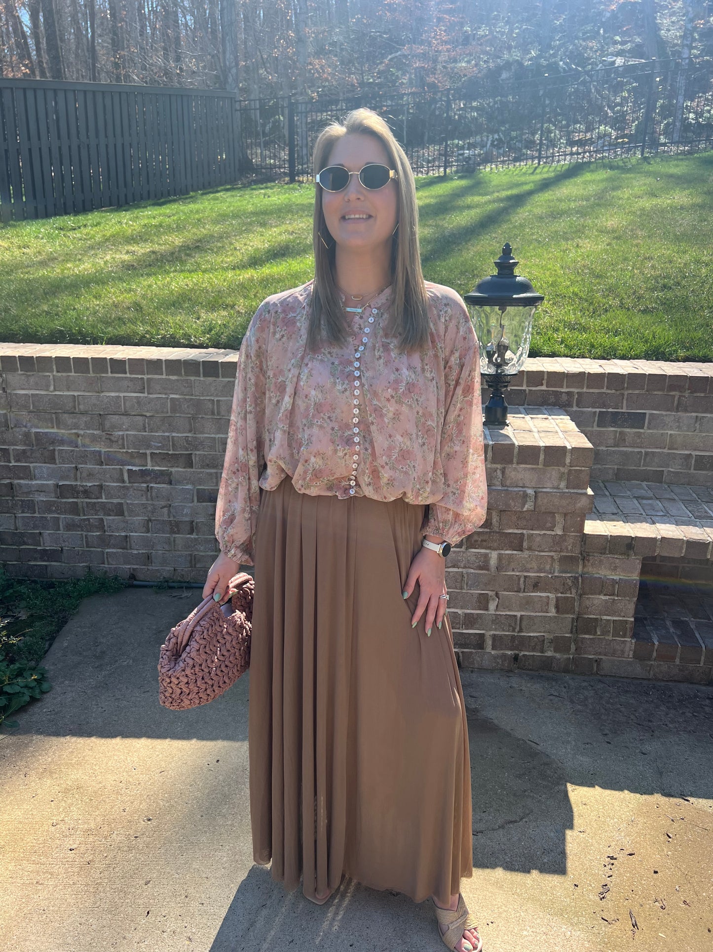 Pink Dogwood Bubble Hem Button Down
