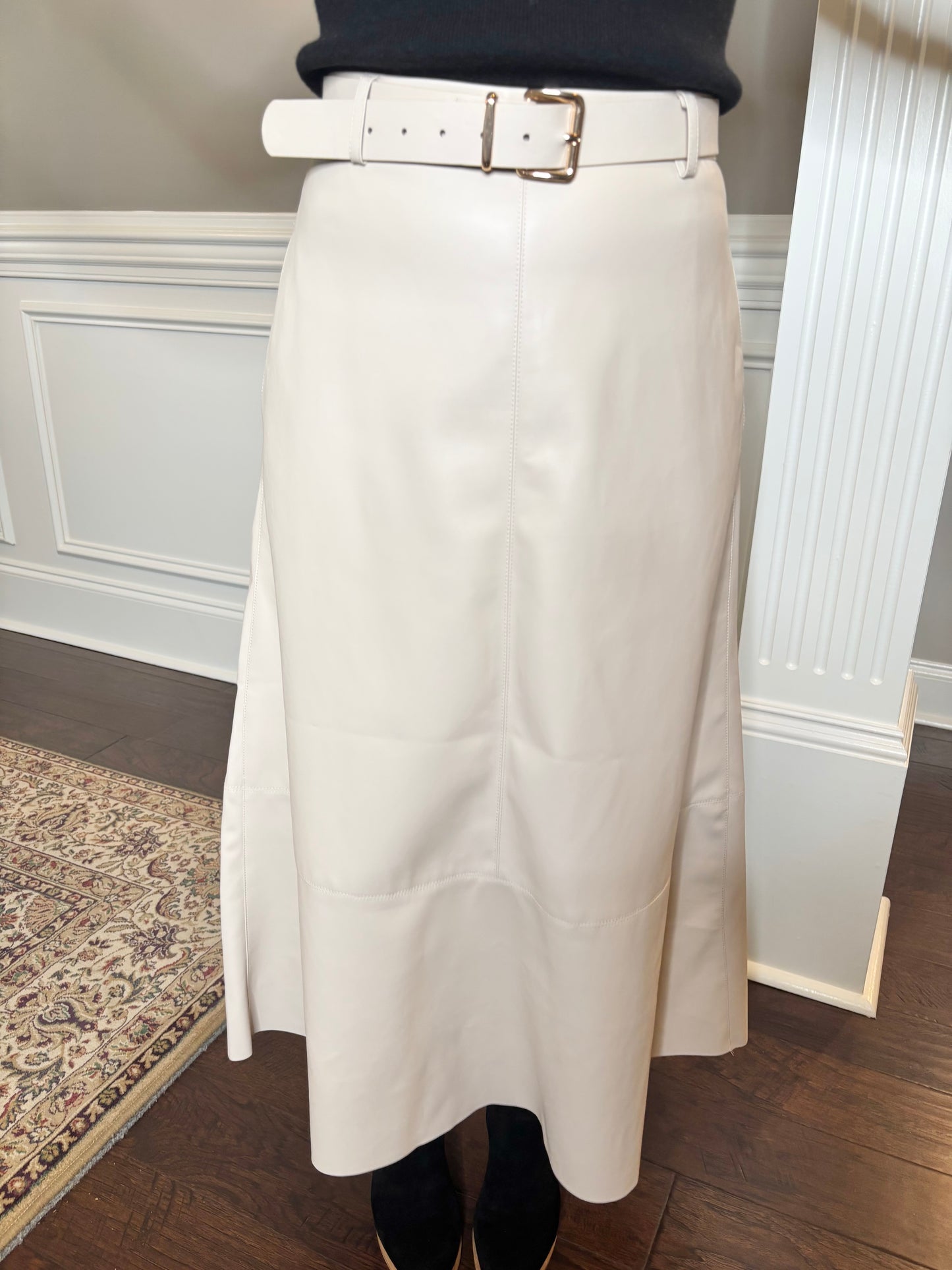 Chastetree Flare Cut Edge Leather Maxi Skirt