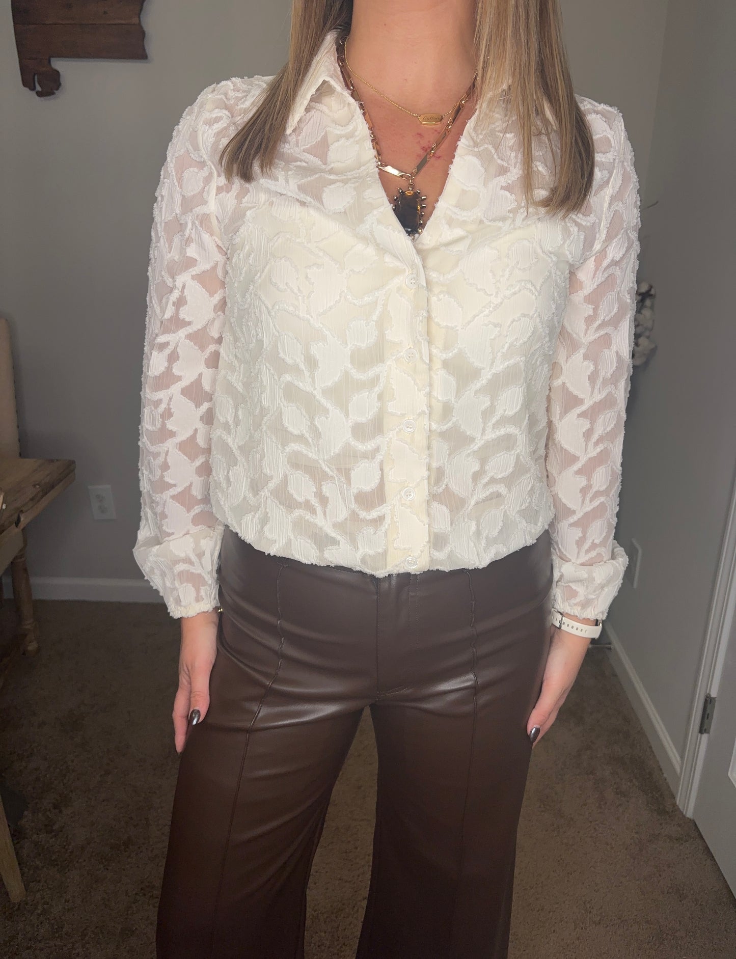 Crepe Myrtle Jacquard Burnout Blouse