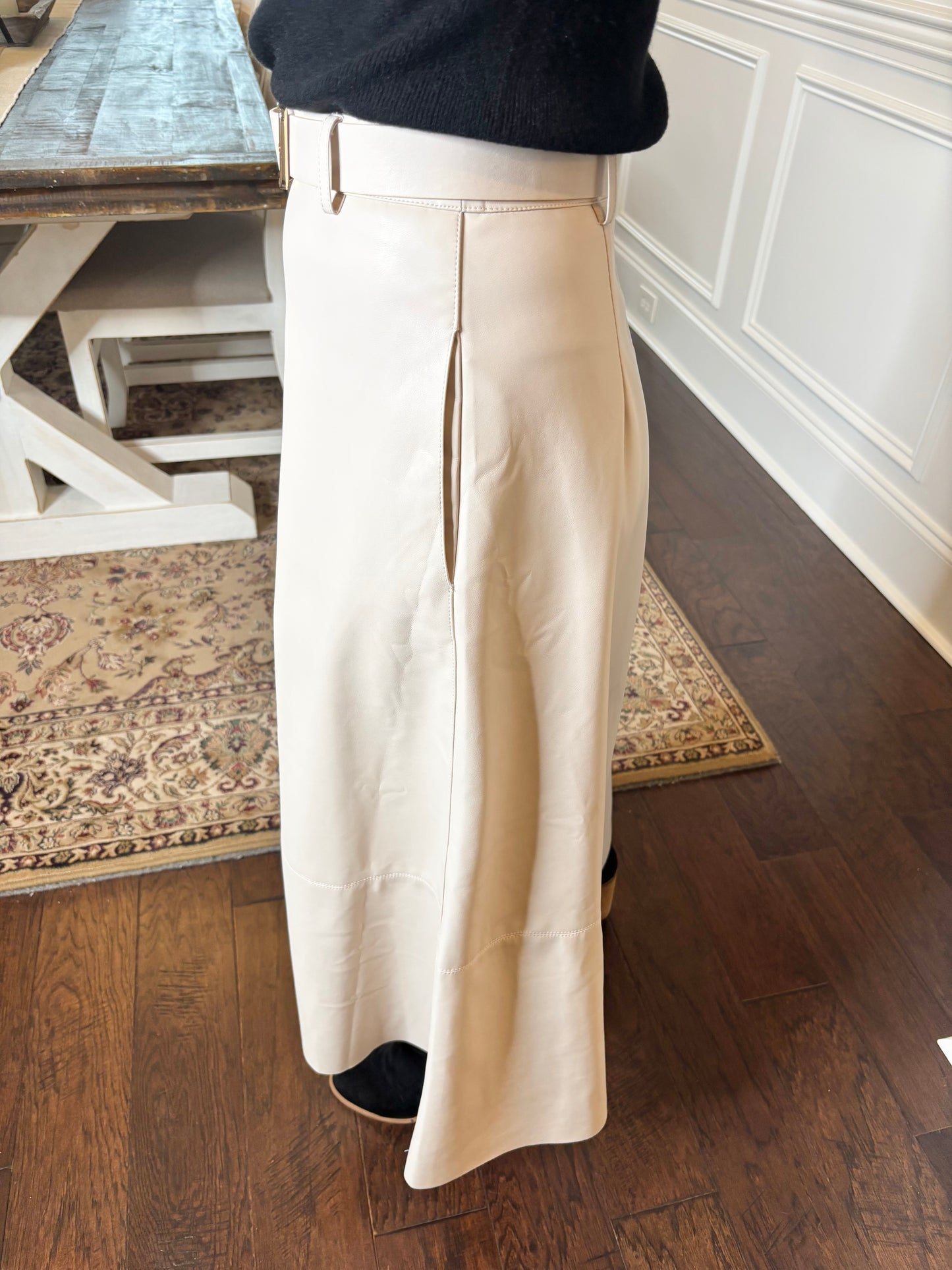 Chastetree Flare Cut Edge Leather Maxi Skirt