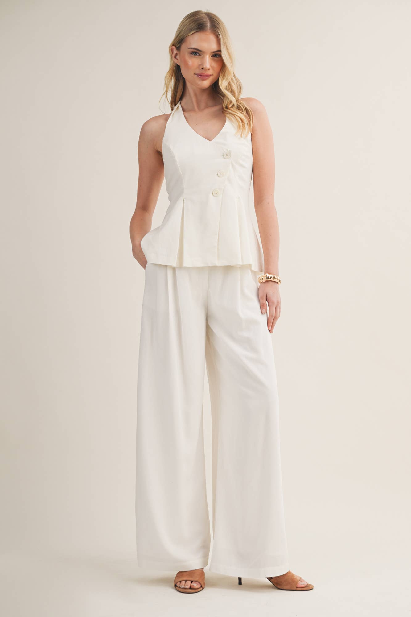 Angelonia High-Waist Asymmetrical Button Wide-Leg Trouser
