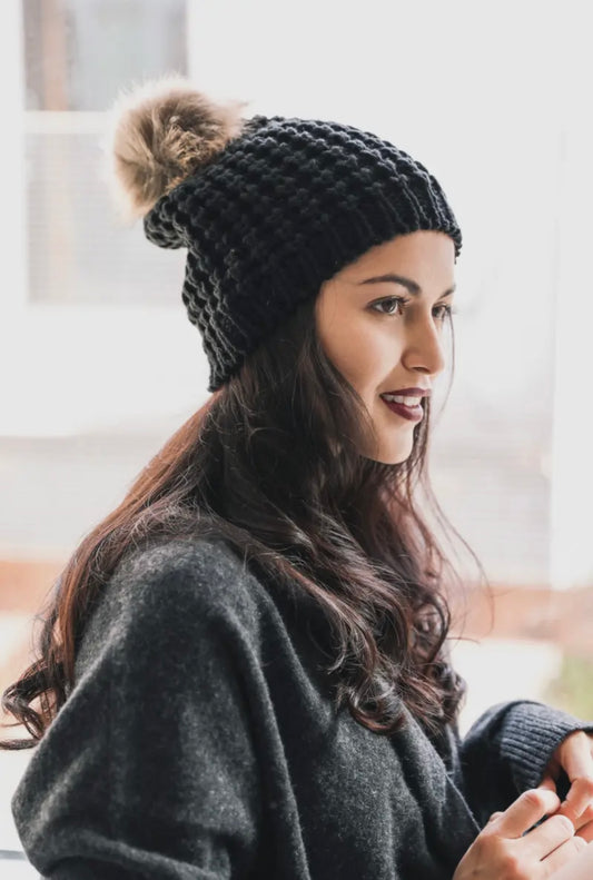 Black Textured Knit with Playful Pom Pom