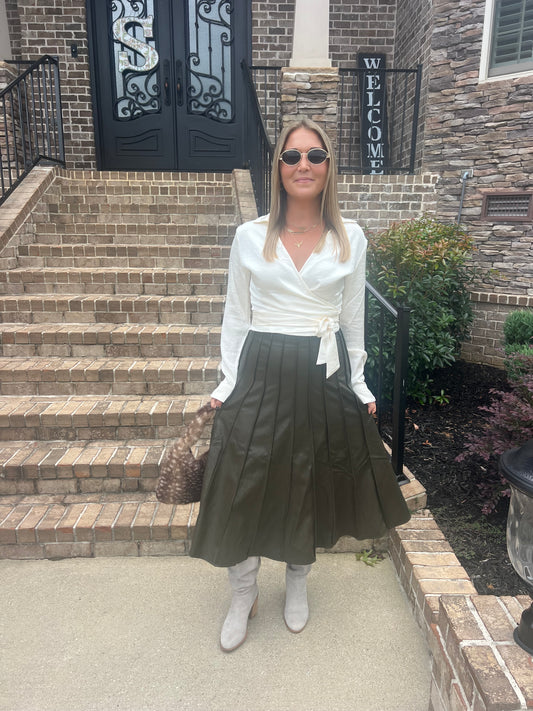 Ivy Pleated Leather Midi Skirt