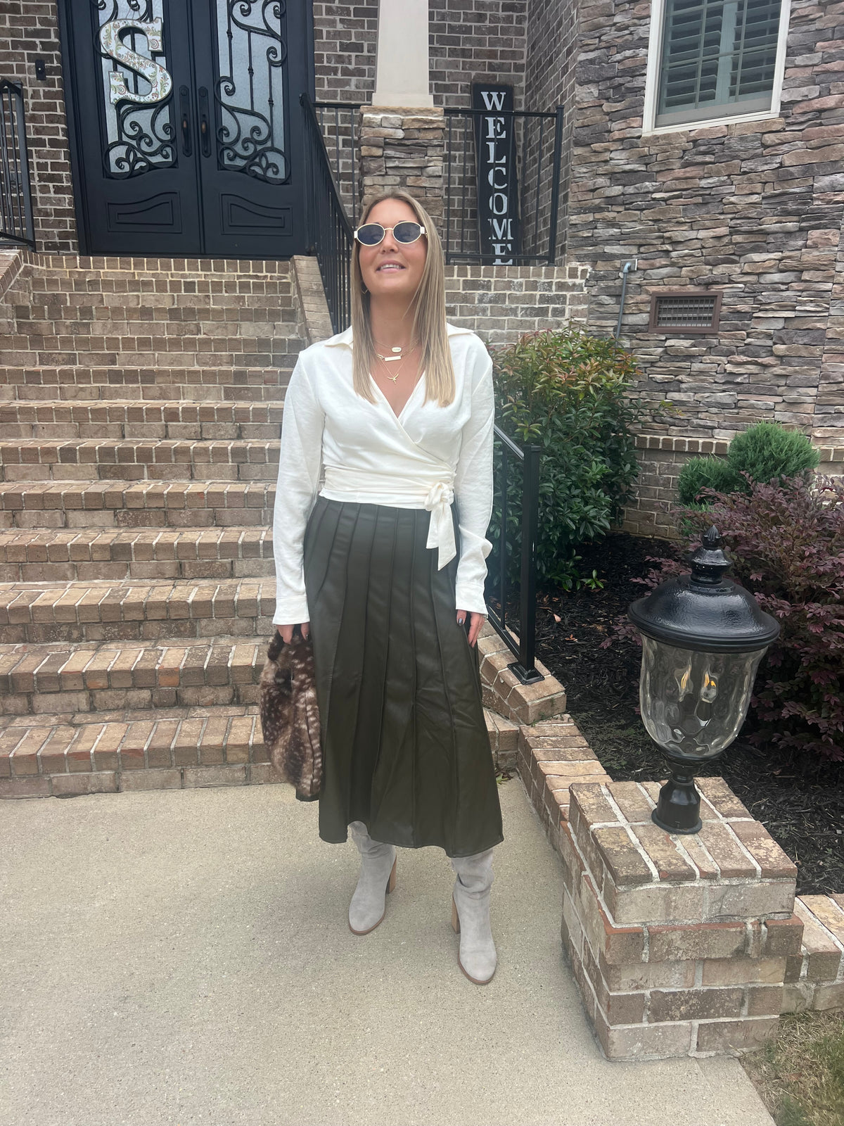 Ivy Pleated Leather Midi Skirt
