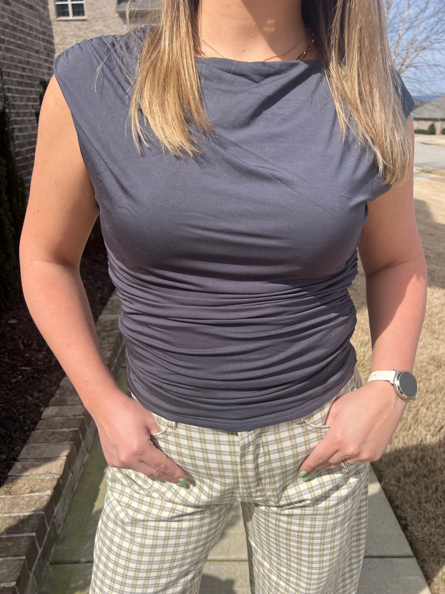 Columbine Boat Neck Tank with Ruched Side