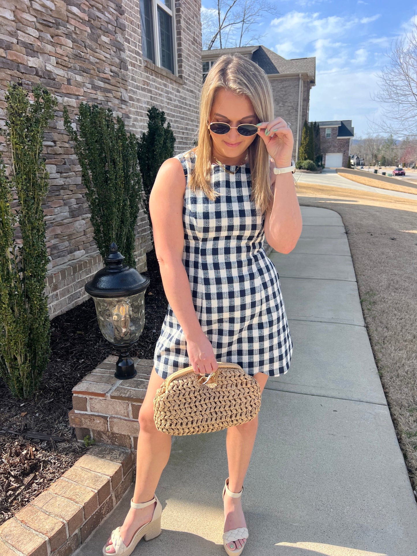 Celosia Textured Plaid Scallop Hem Dress