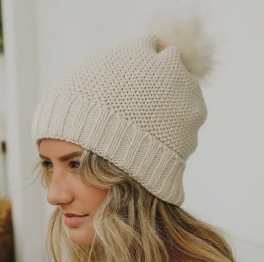 Oatmeal Chunky Knit Pom Beanie with Faux Sherpa Lining
