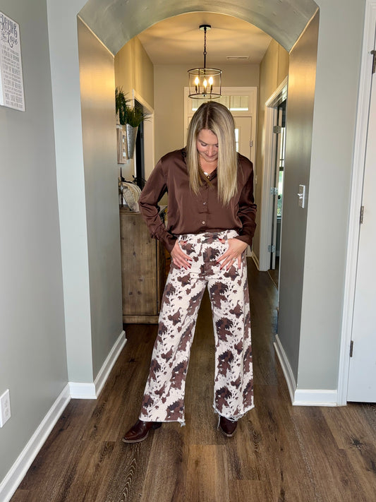 Buttercup Cow Print Flare Pants