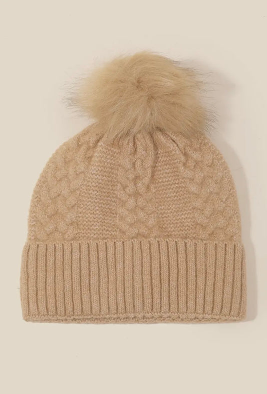Camel Knit Pompom Beanie