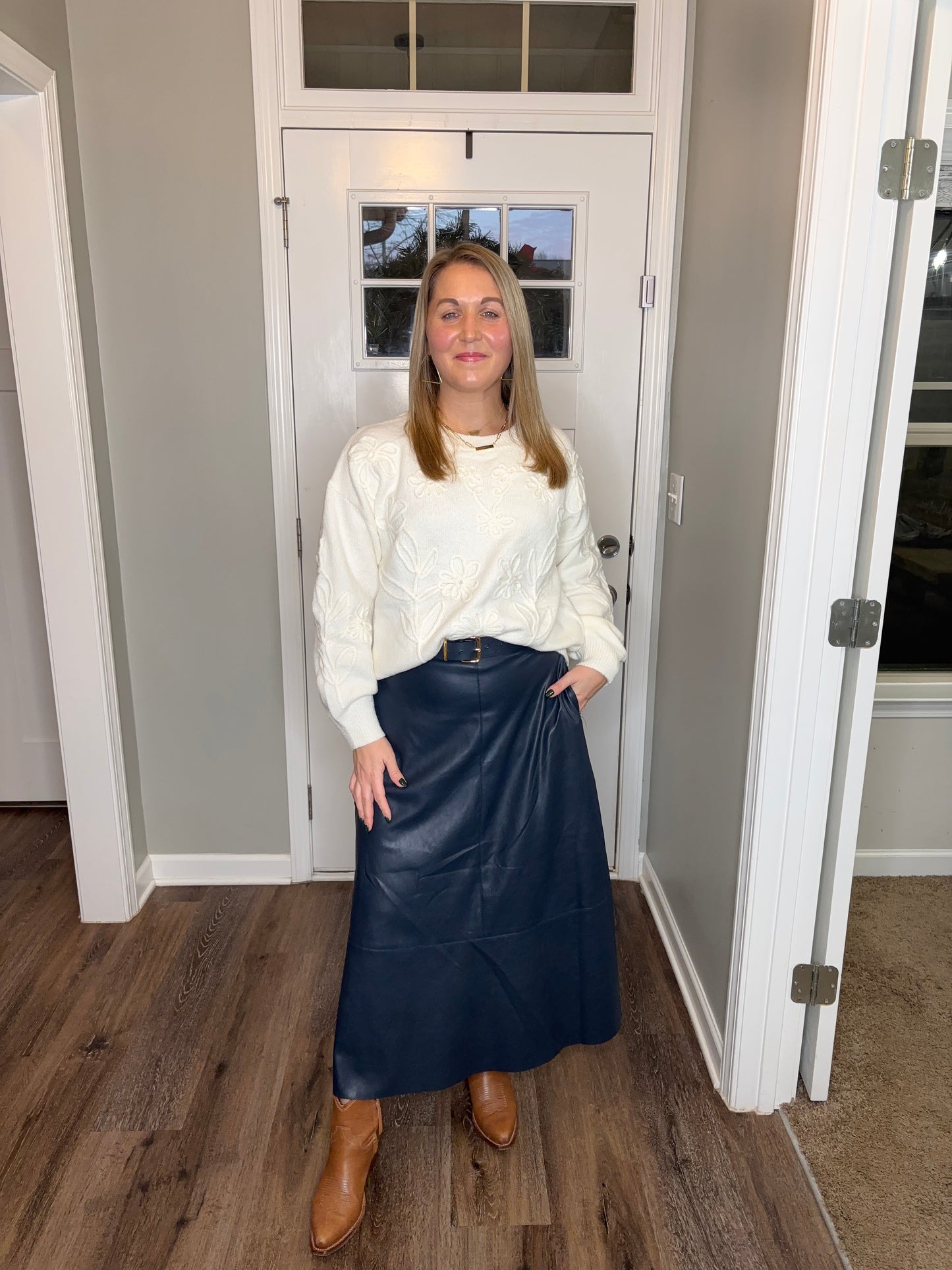 Chastetree Flare Cut Edge Leather Maxi Skirt