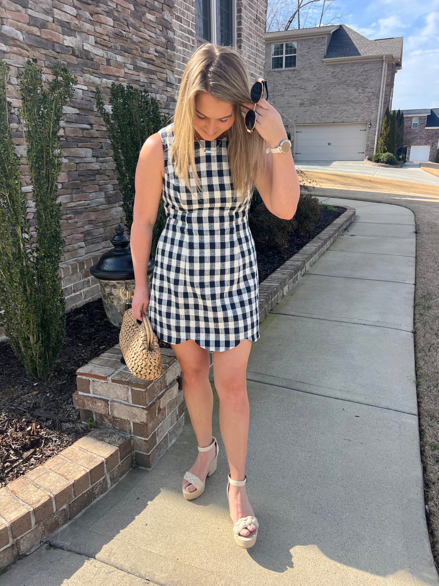 Celosia Textured Plaid Scallop Hem Dress