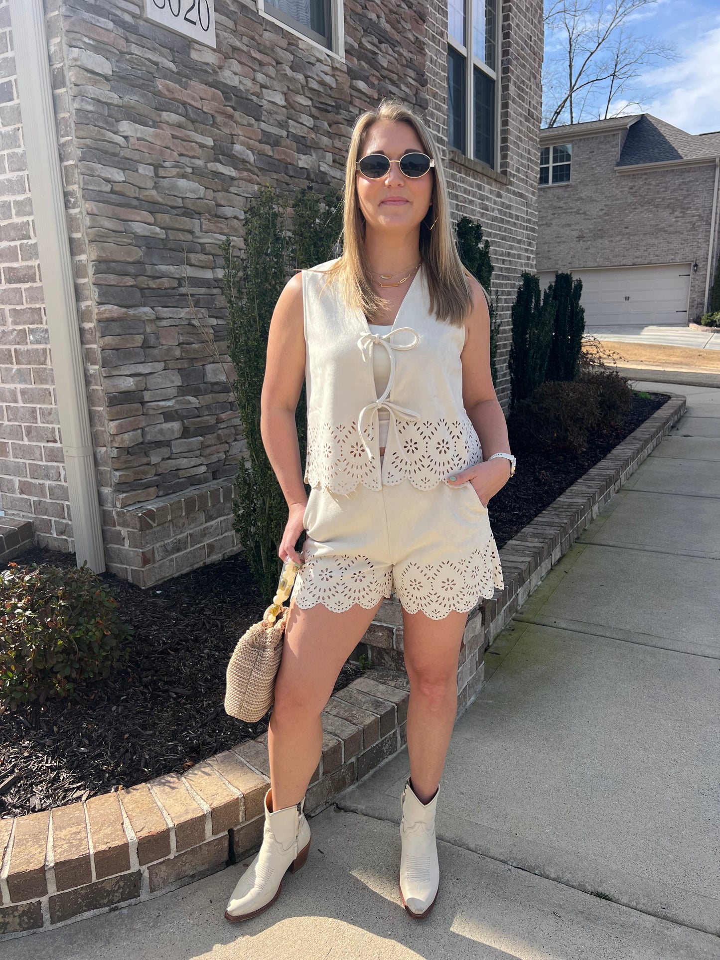 Laurel Soft Suede Laser Cut Vest and Short Set