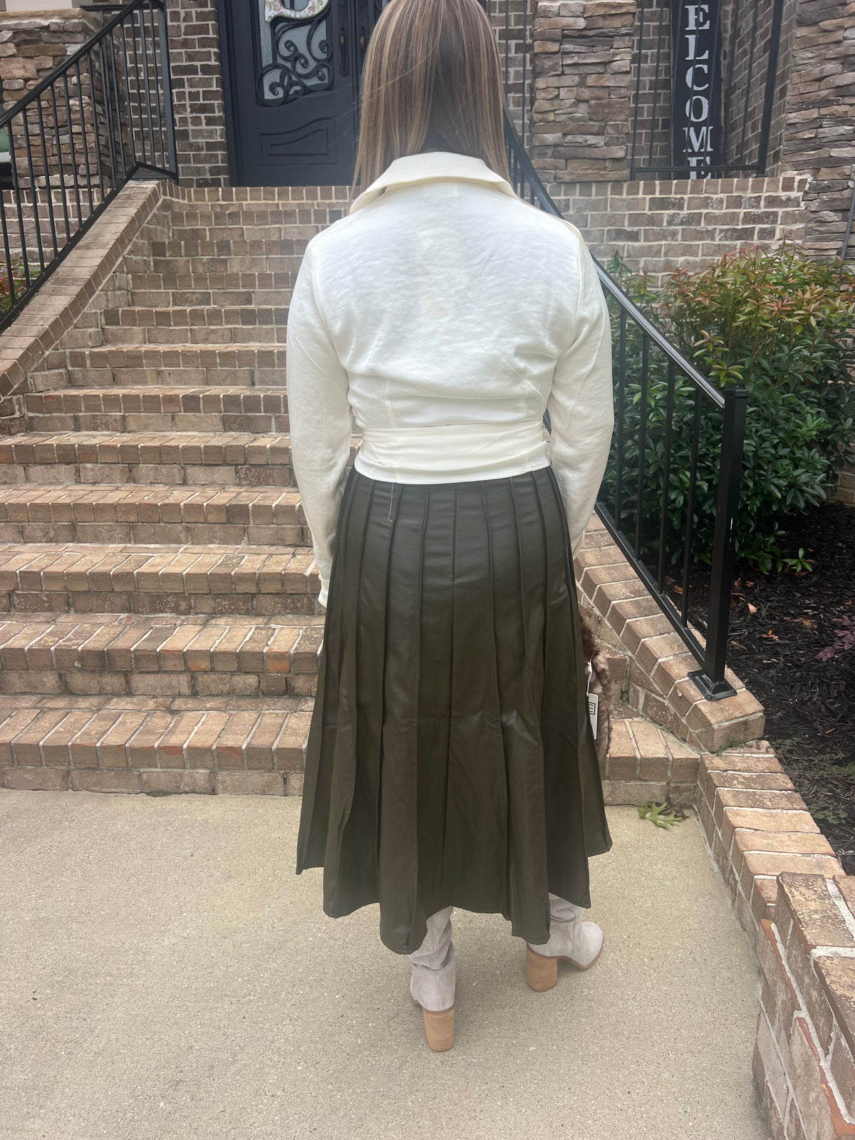 Ivy Pleated Leather Midi Skirt