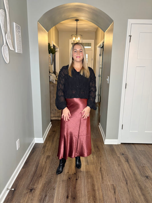 Service Berry Satin Midi Skirt