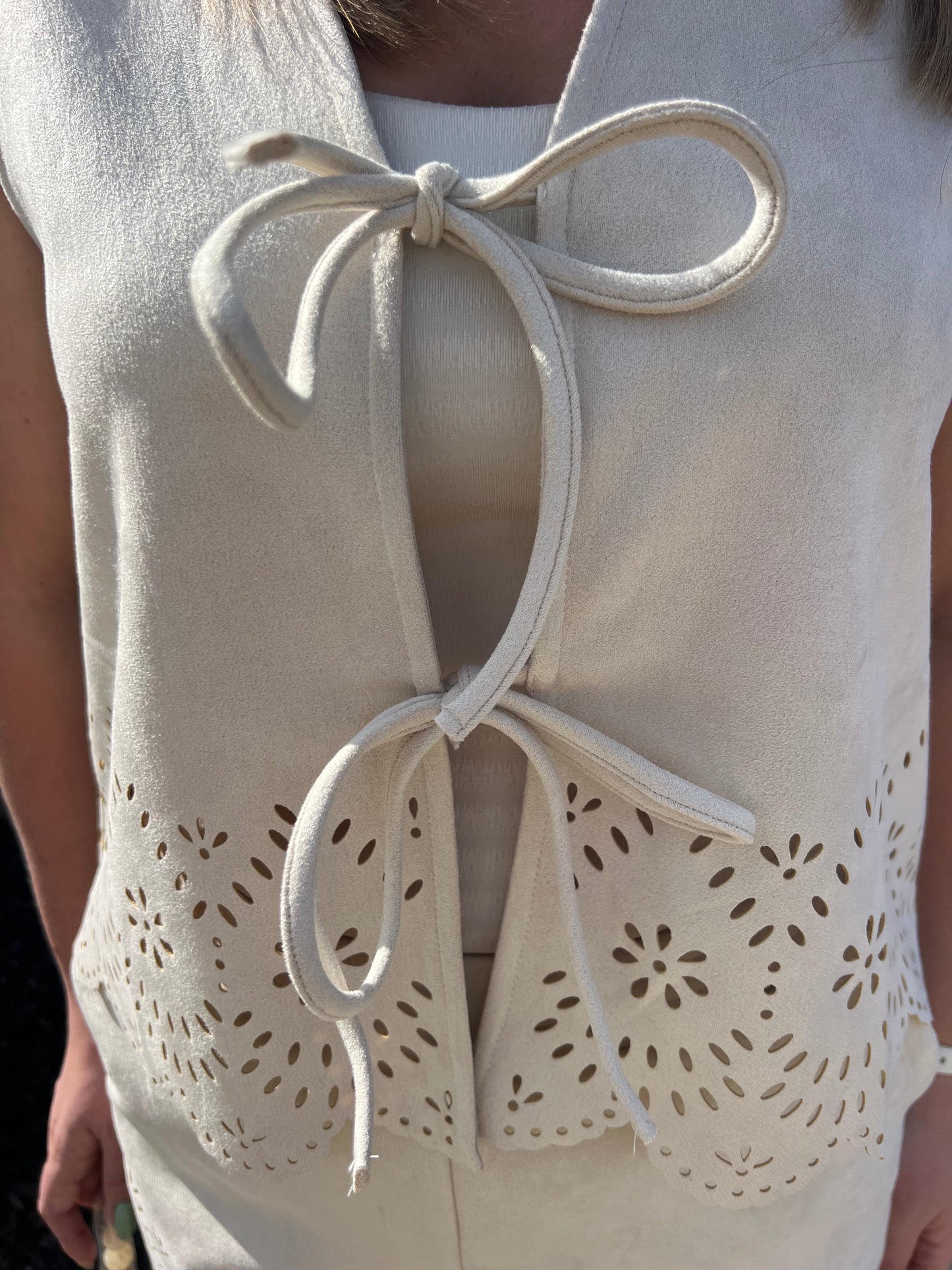 Laurel Soft Suede Lace Up Laser Cut Vest and Short Set