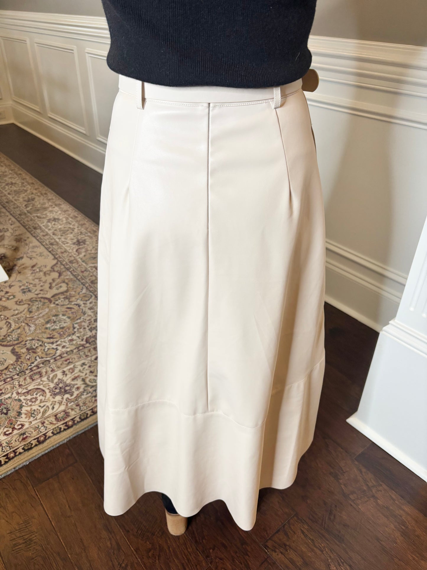 Chastetree Flare Cut Edge Leather Maxi Skirt