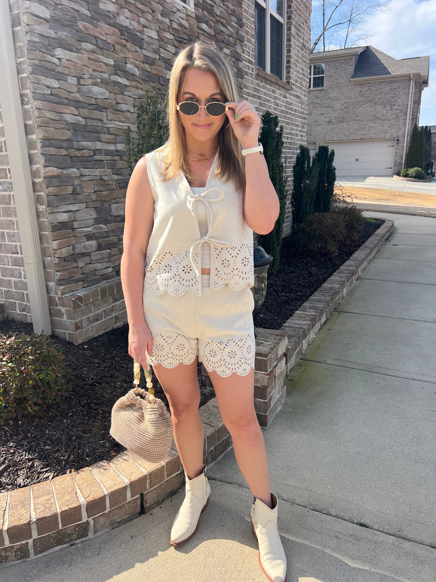 Laurel Soft Suede Lace Up Laser Cut Vest and Short Set