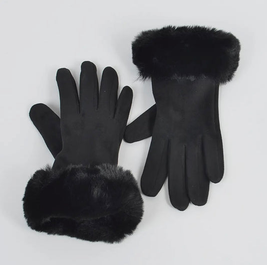 Faux Suede Gloves with Faux Fur Cuff
