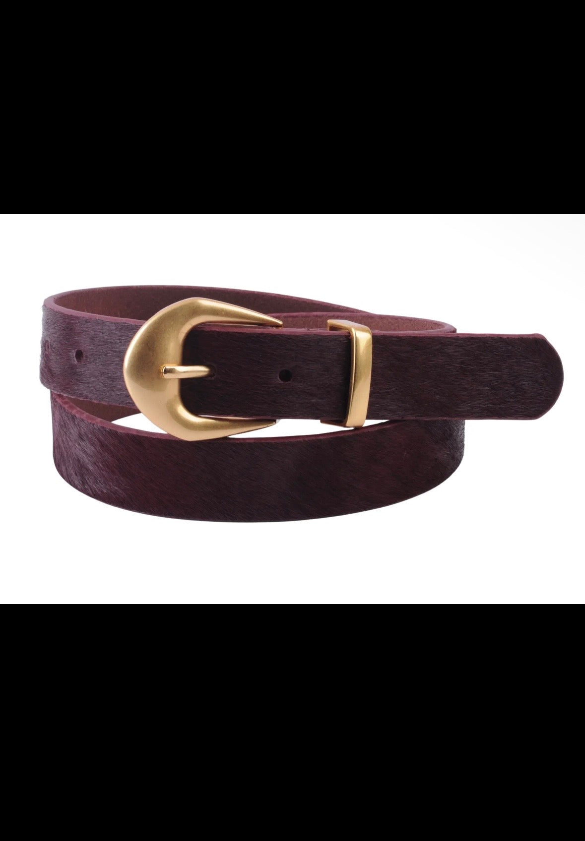 Burgundy Calf Hair Belt w/ Gold Buckle