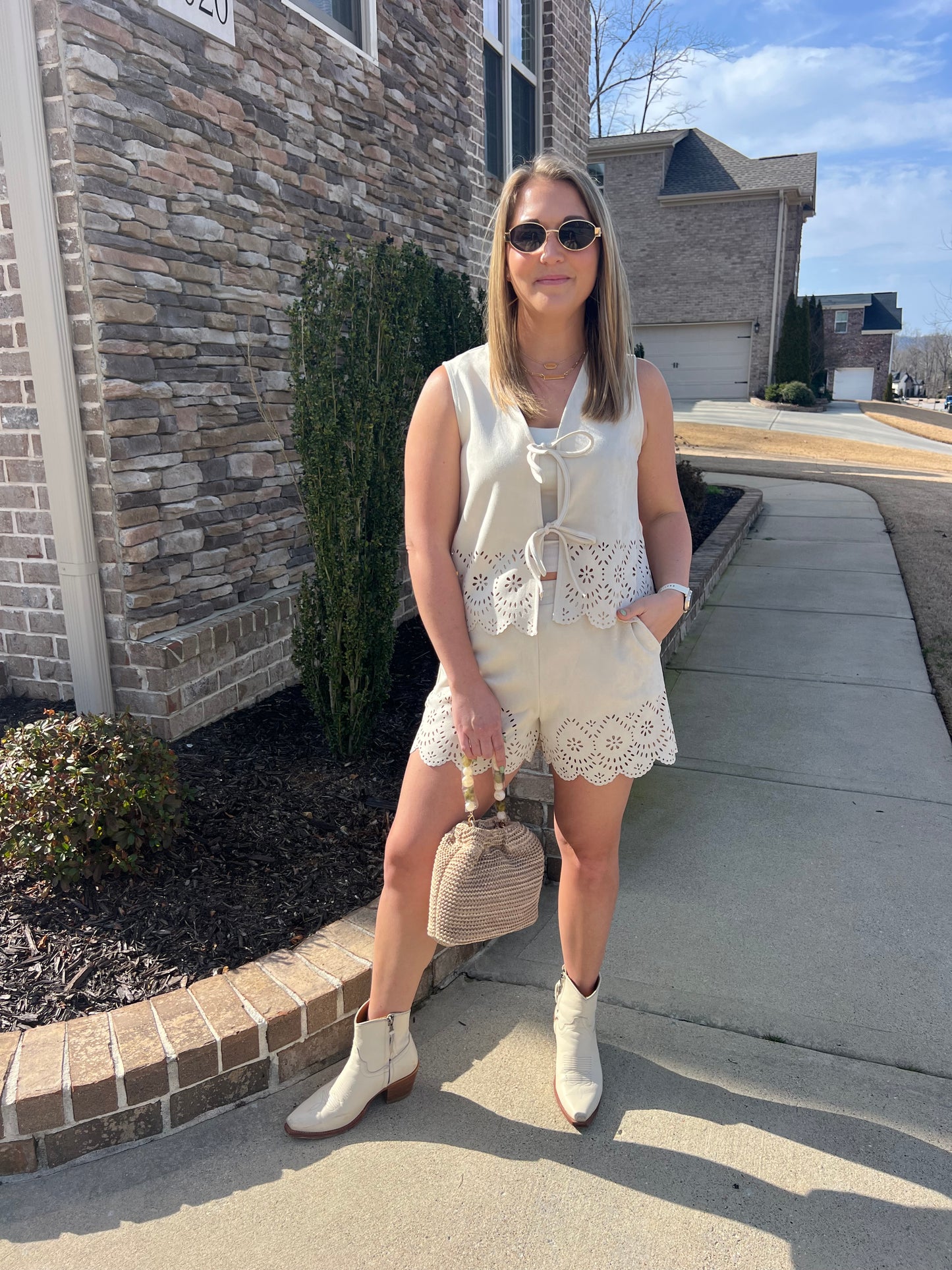 Laurel Soft Suede Lace Up Laser Cut Vest and Short Set
