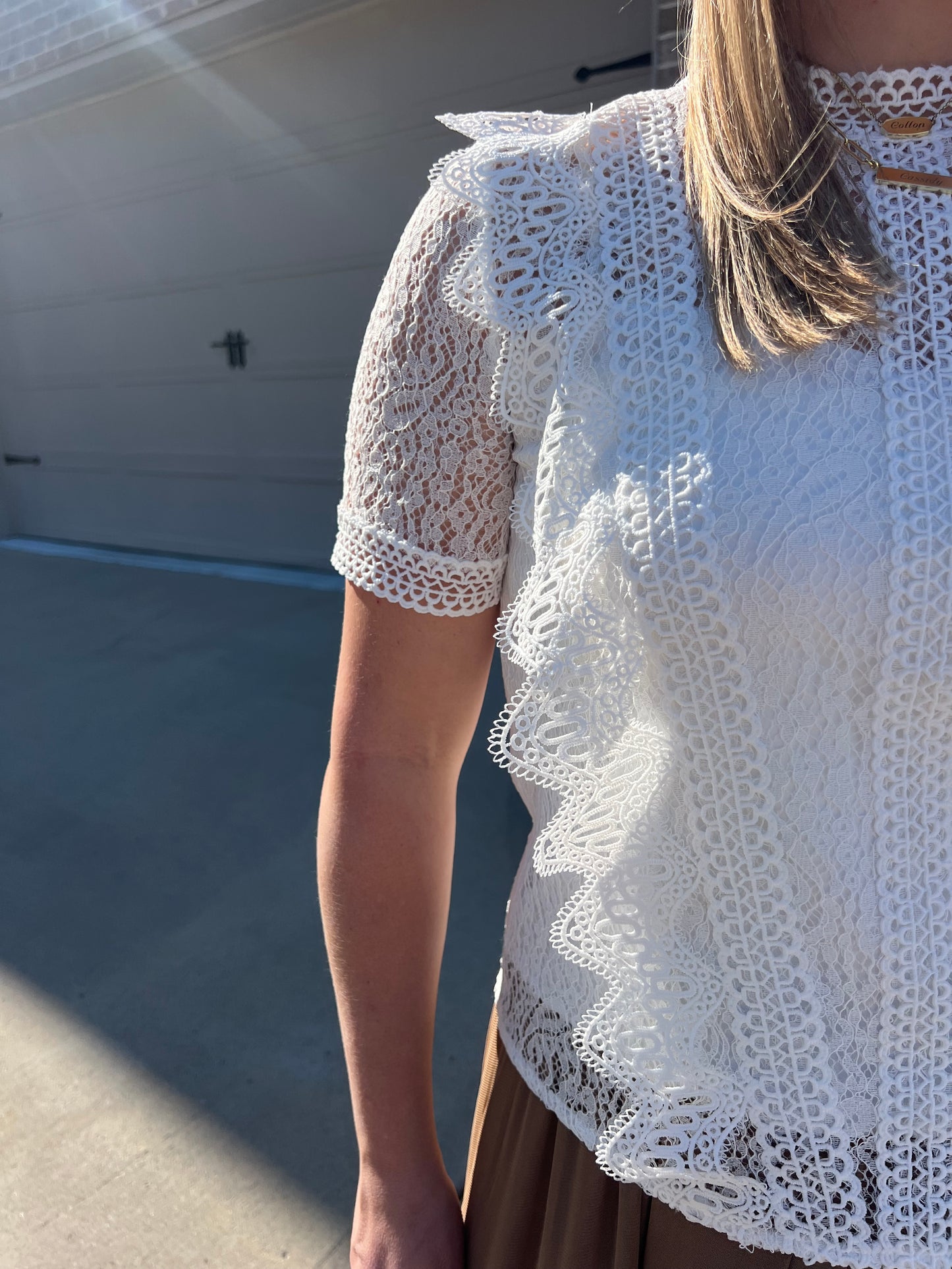 Nigella Lace Short Sleeve Mock Neck Top
