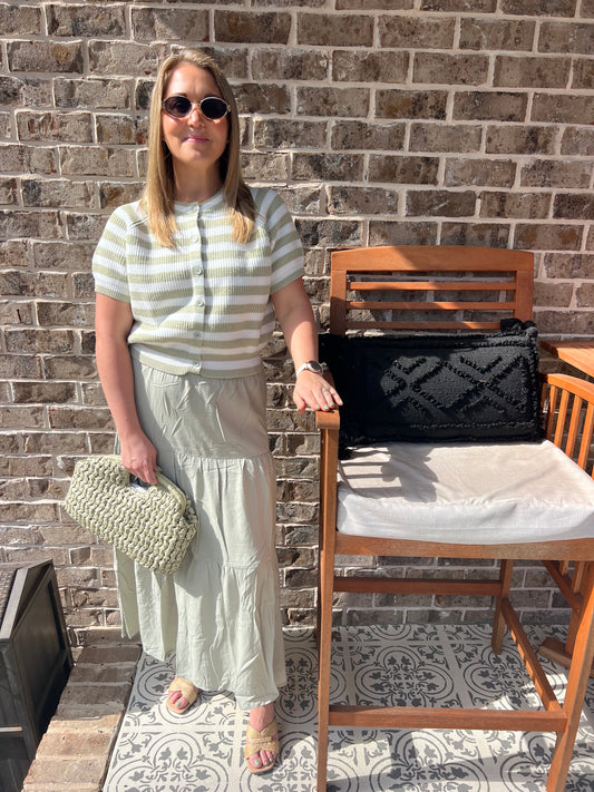 Juniper Short Sleeve Striped Boxy Button Up Sweater