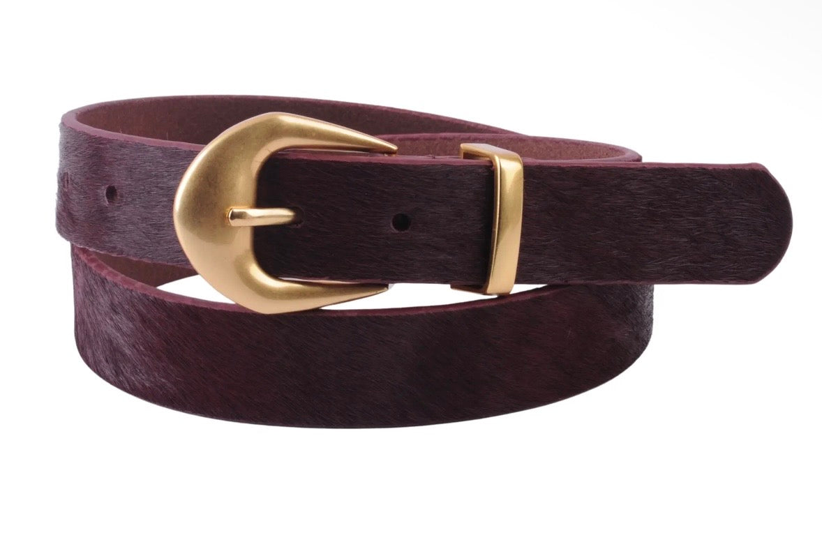 Burgundy Calf Hair Belt w/ Gold Buckle