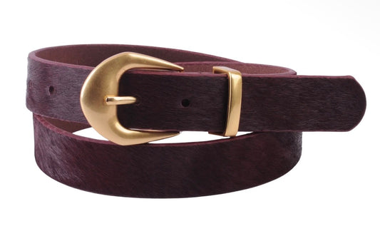 Burgundy Calf Hair Belt w/ Gold Buckle