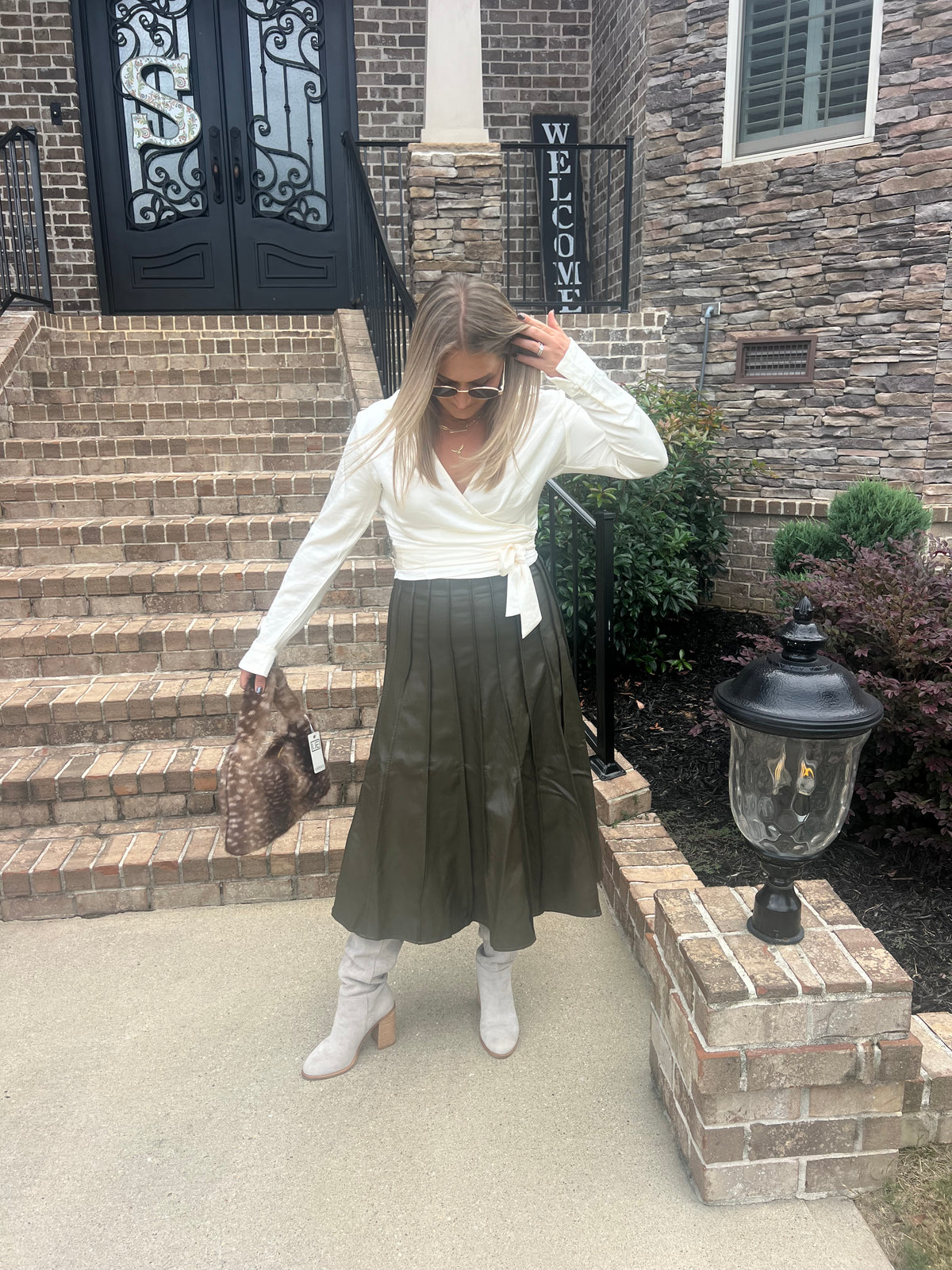 Ivy Pleated Leather Midi Skirt