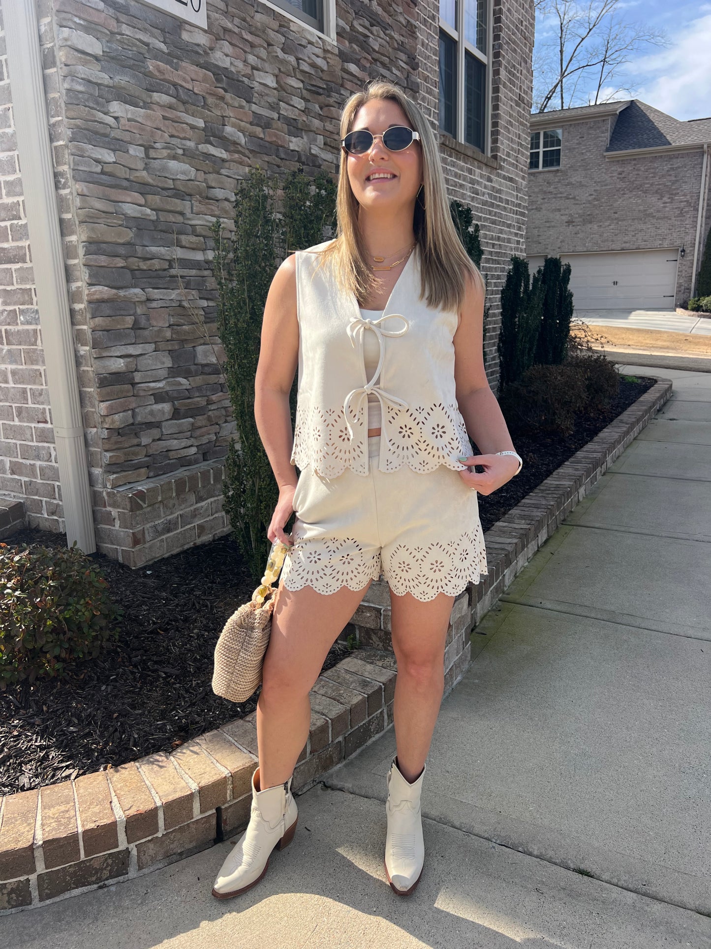 Laurel Soft Suede Lace Up Laser Cut Vest and Short Set