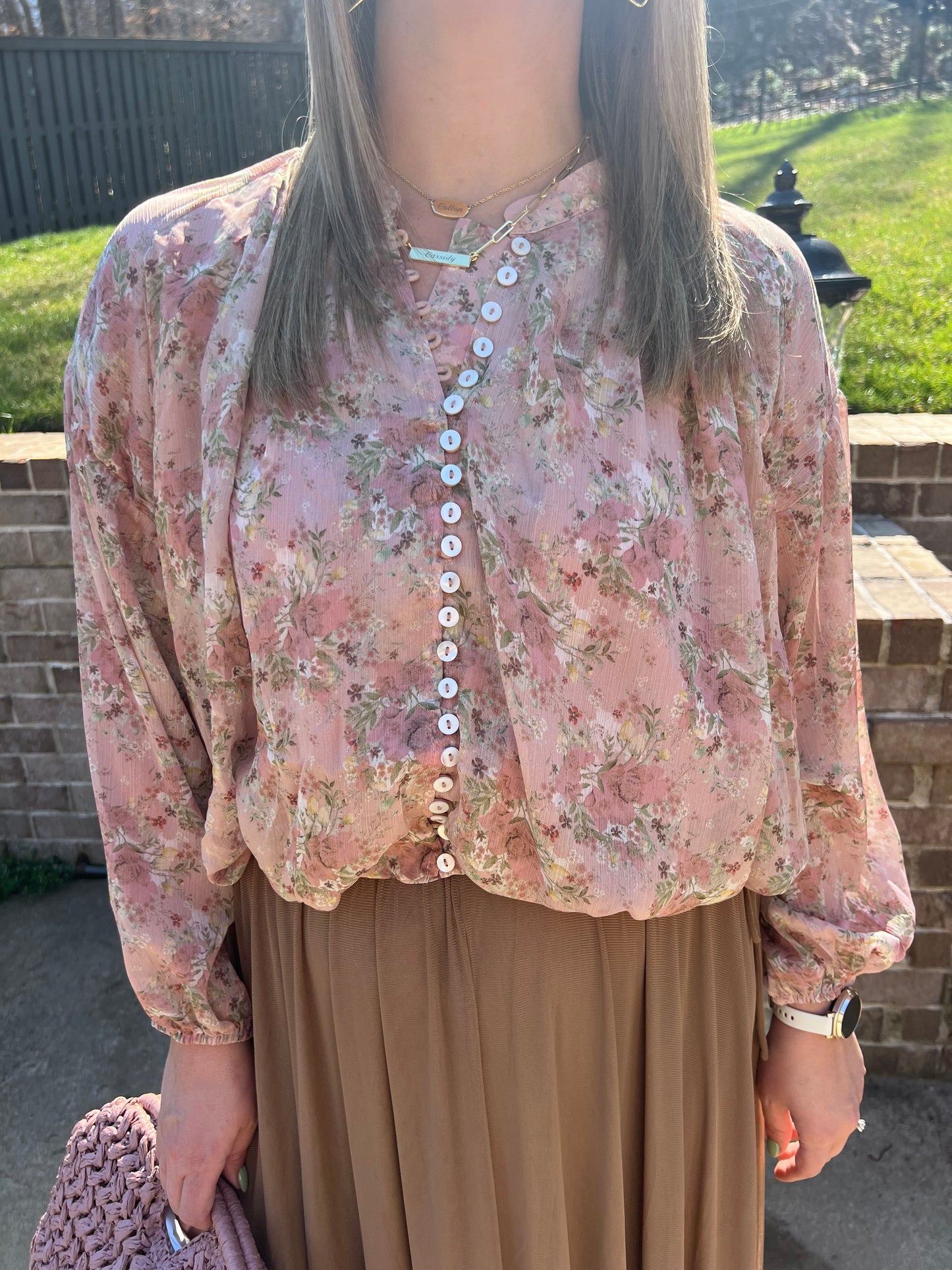 Pink Dogwood Bubble Hem Button Down