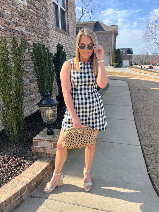 Celosia Textured Plaid Scallop Hem Dress