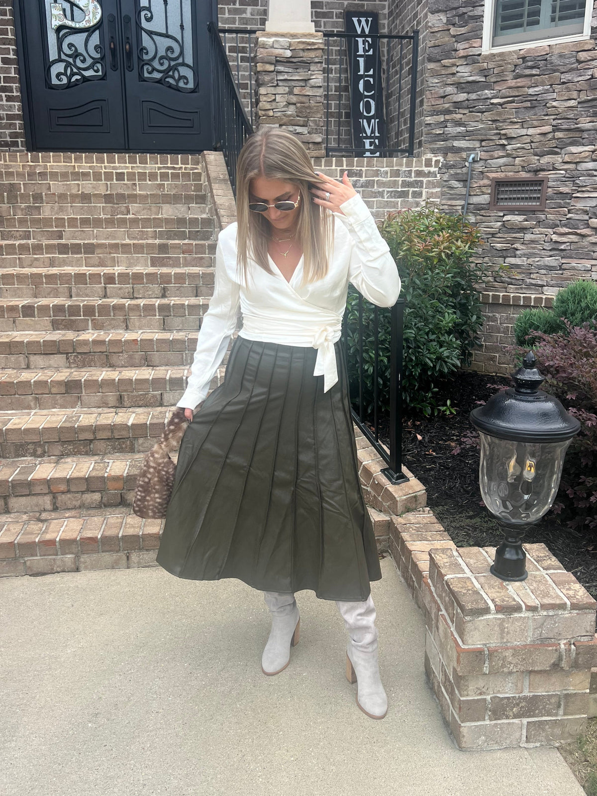 Ivy Pleated Leather Midi Skirt