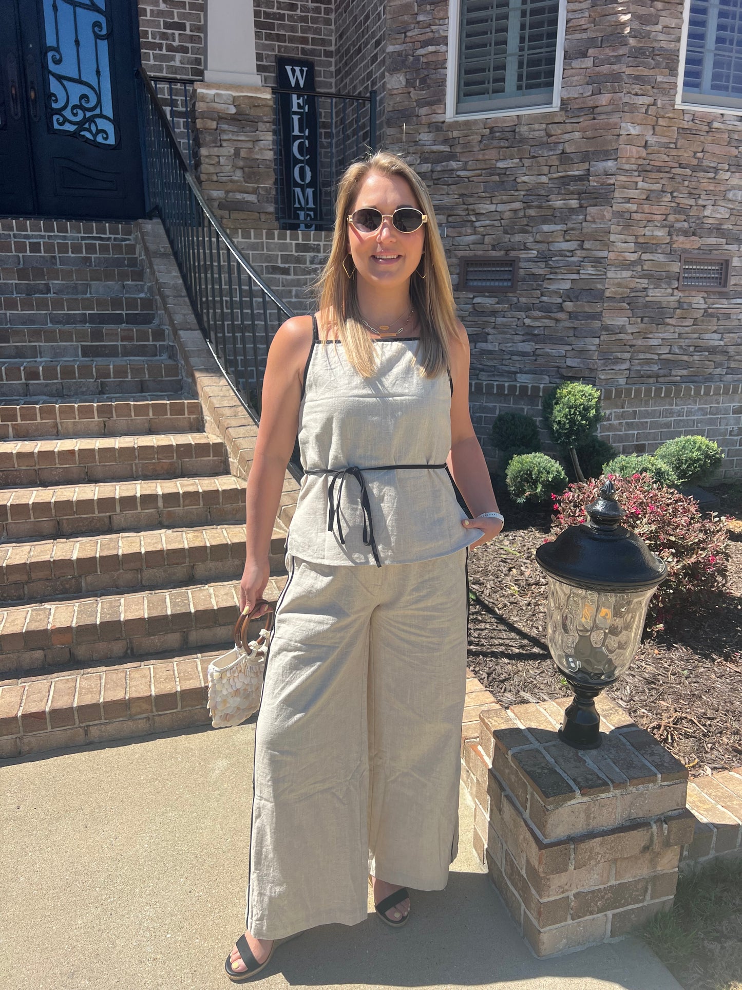Zinnia Linen Contrast Piping Tank and Pants Set