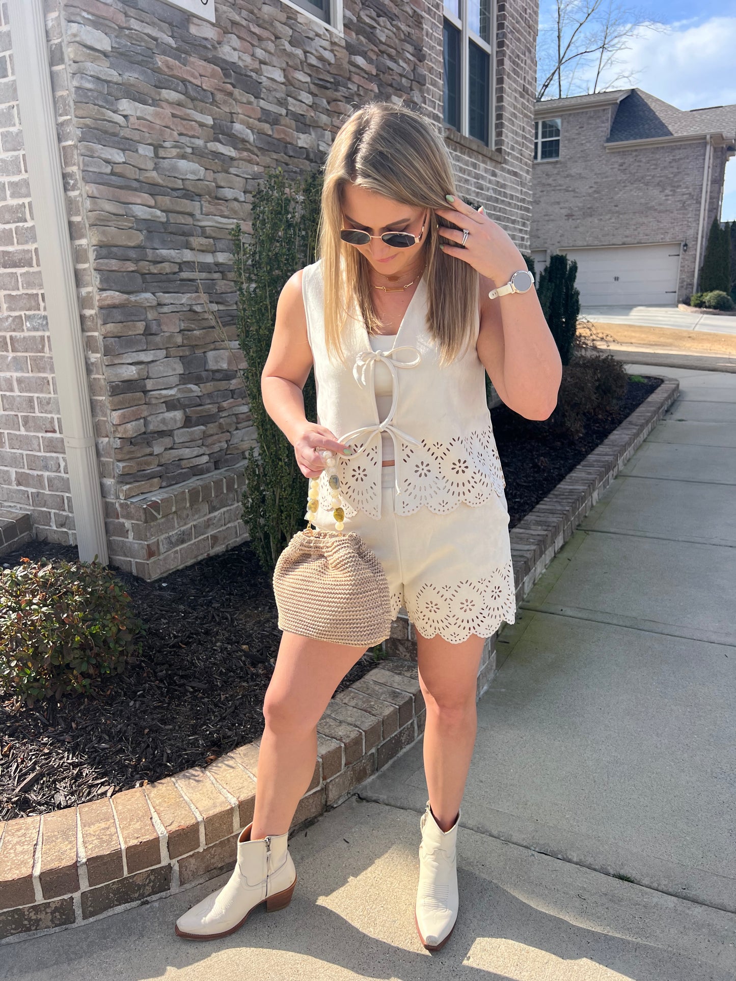 Laurel Soft Suede Laser Cut Vest and Short Set