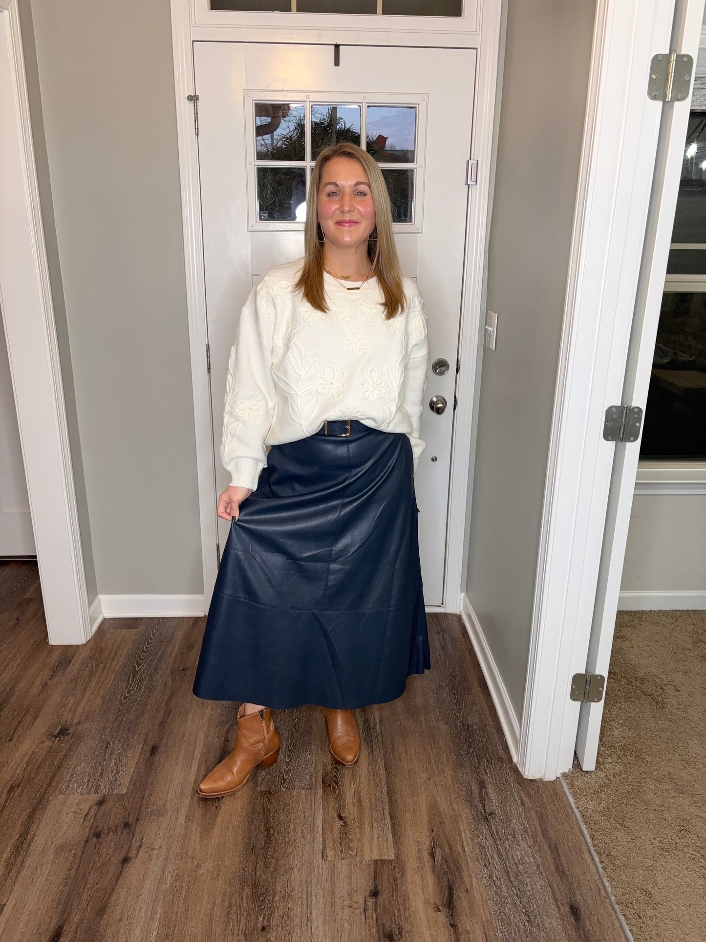 Chastetree Flare Cut Edge Leather Maxi Skirt