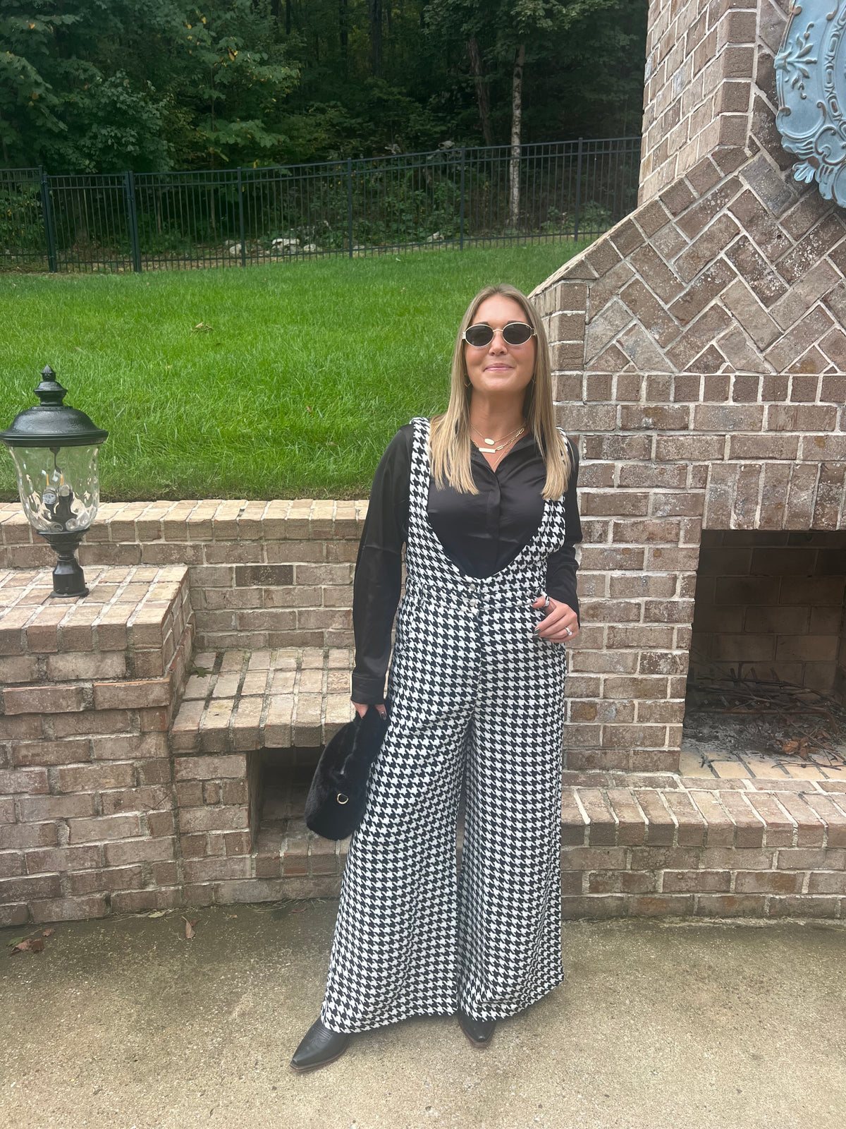 Chicory Houndstooth Tweed Wide Leg Jumpsuit