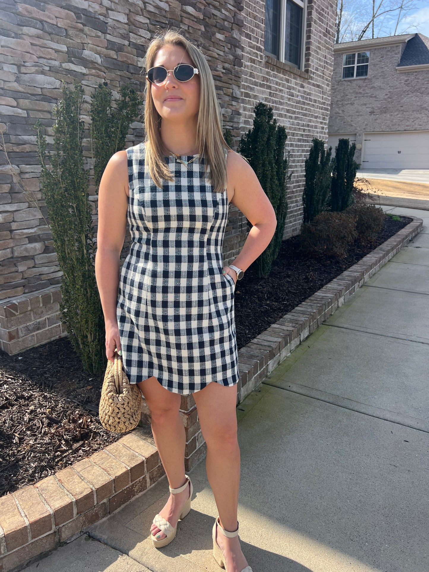 Celosia Textured Plaid Scallop Hem Dress