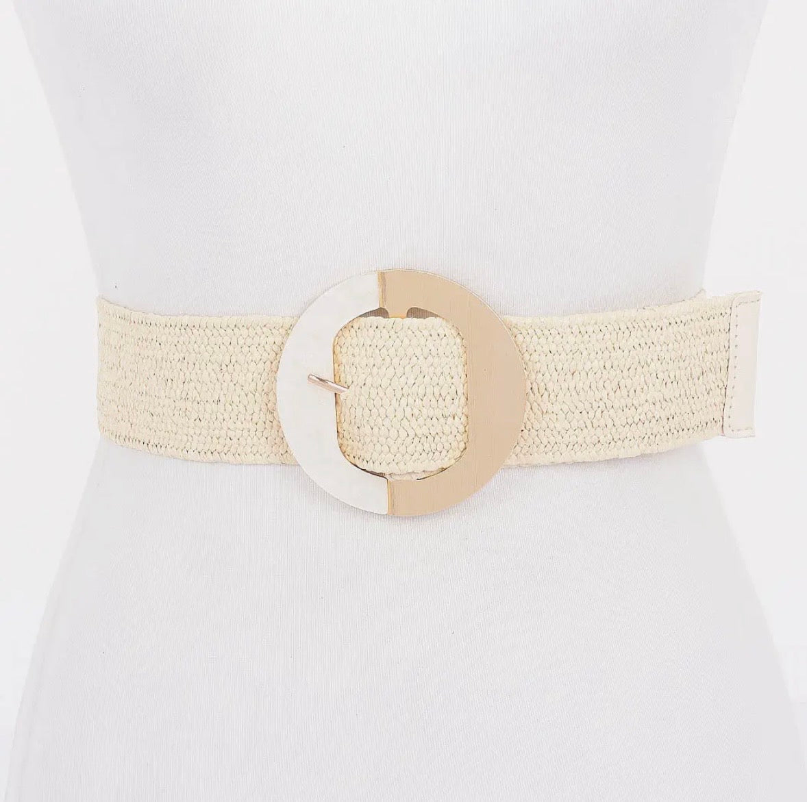 Faux Straw Marble Metal Buckle Stretch Belt