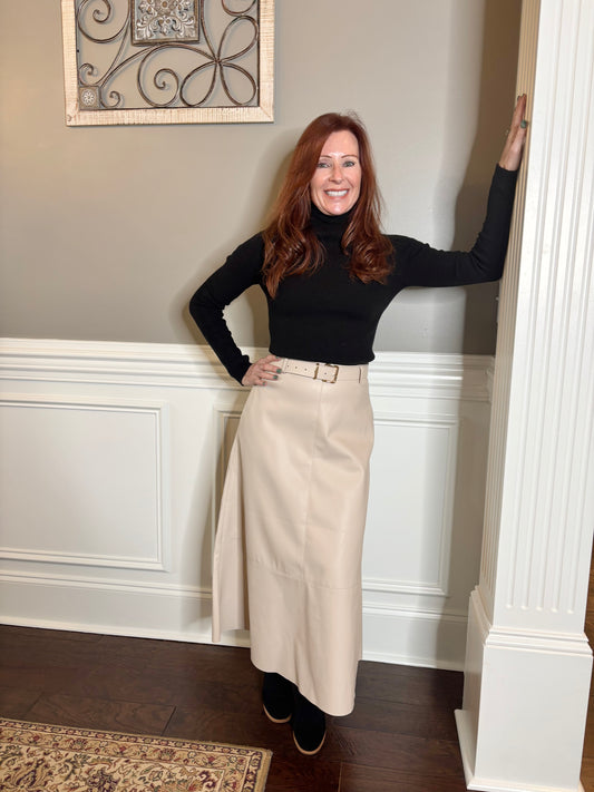 Chastetree Flare Cut Edge Leather Maxi Skirt