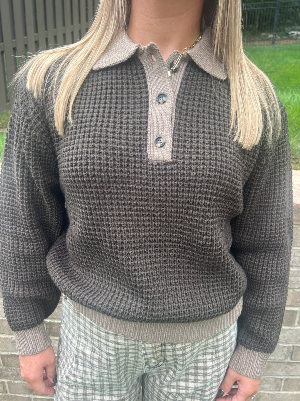 Boxwood Waffle Collared Sweater
