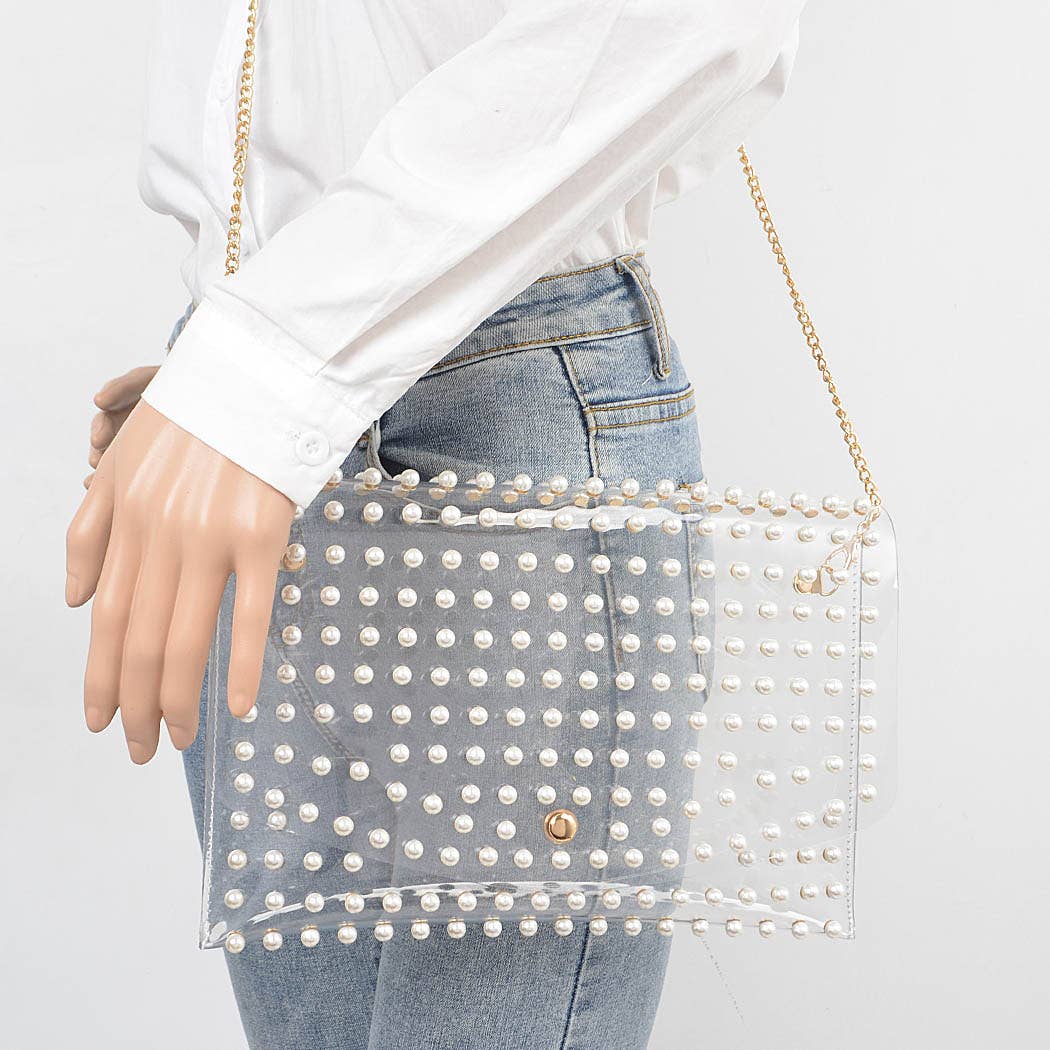 Gemma Pearl Studded Clear Envelope Clutch